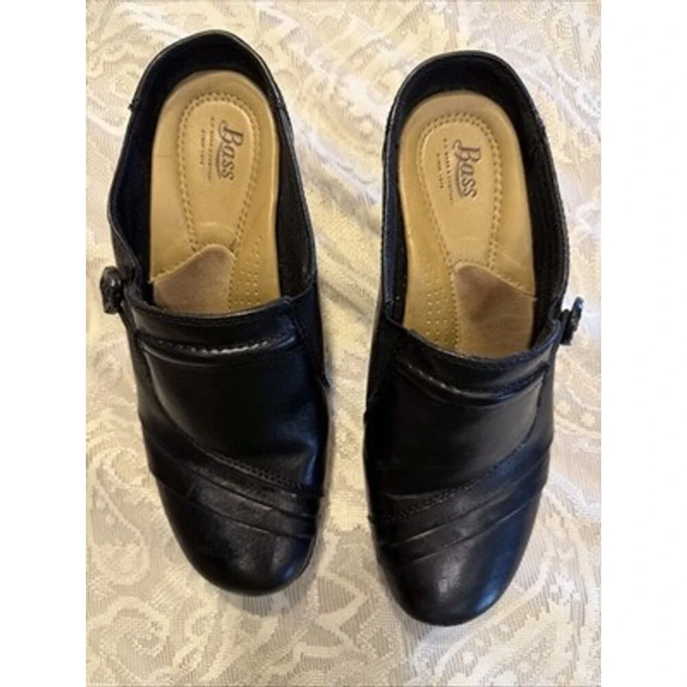 Bass Black Leather Bertie Cushion Step Boston Mules Clogs, 7M Classic Comfort